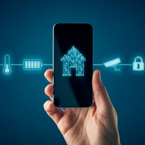 Okosotthon rendszer mobiltelefonról vezérelve – világítás, fűtés, kamera és zár ikonokkal