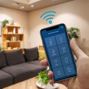 Okosotthon vezérlése mobiltelefonról a nappaliban – világítás, árnyékolás és egyéb funkciók kezelése