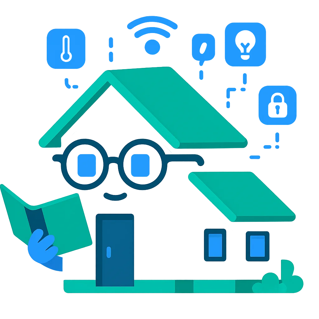 Okos-keco okosotthon illusztráció mosolygó házzal és vezérlési ikonokkal